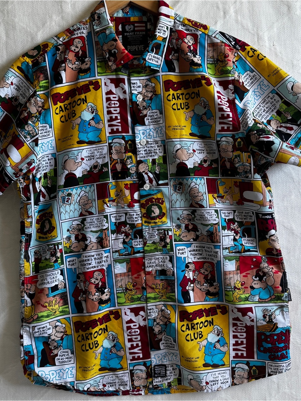Phat Farm Popeye Cartoon Club Button Up Shirt Mens L Comic Print Camp Collar